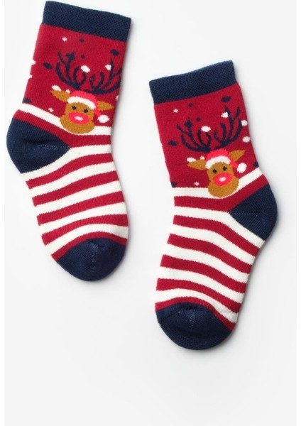 Kırmızı Minik Geyik Desenli Kız Çocuk Yılbaşı Çorap