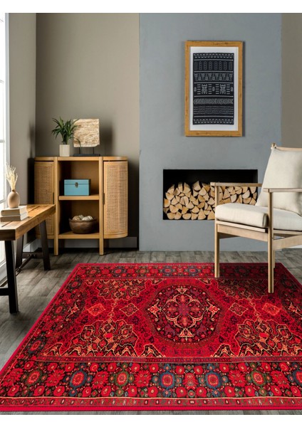 Vitage Kırmızı Etnik Desenli Eskitme Model Dokuma Taban Kilim