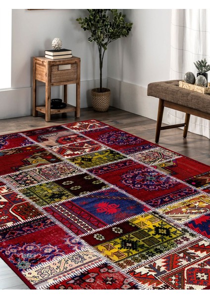 Vitage Etnik Kırmızı Desen Eskitme Model Dokuma Taban Kilim