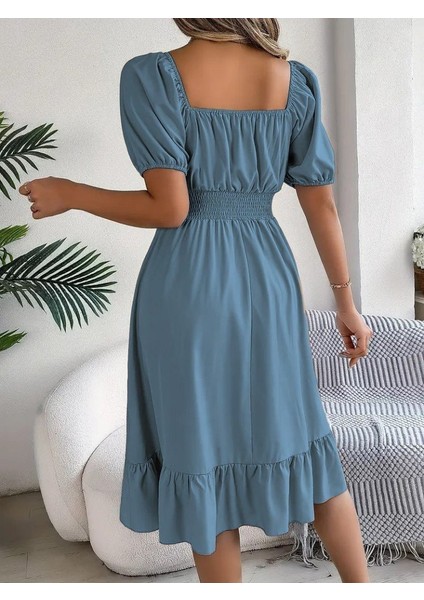 Kadın Kısa Kollu Kare Yakalı Beli Lastikli Kısa Trikoton Elbise Mavi-2xl-3xl fiyatları