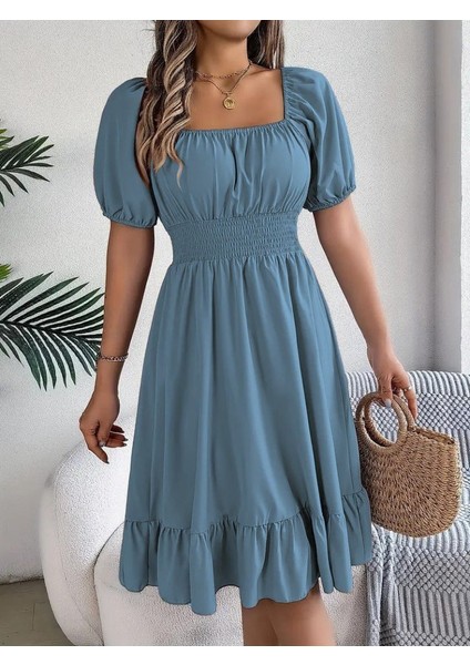 Kadın Kısa Kollu Kare Yakalı Beli Lastikli Kısa Trikoton Elbise Mavi-2xl-3xl modelleri