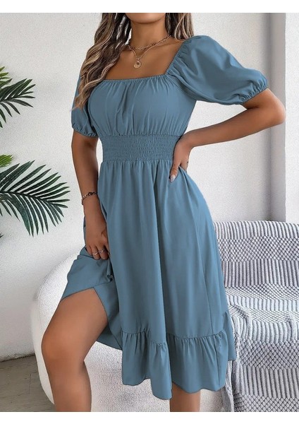 Kadın Kısa Kollu Kare Yakalı Beli Lastikli Kısa Trikoton Elbise Mavi-2xl-3xl fırsatları