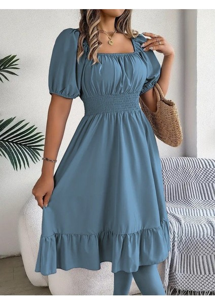 Kadın Kısa Kollu Kare Yakalı Beli Lastikli Kısa Trikoton Elbise Mavi-2xl-3xl indirimleri