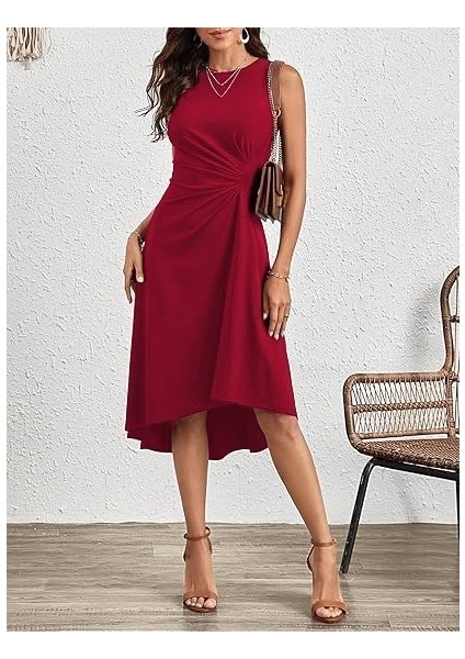 Kadın Sıfır Kollu Bisiklet Yaka Büzgülü Asimetrik Kesim Detaylı Janjan Krep Elbise 2xl-3xl-Kırmızı modelleri