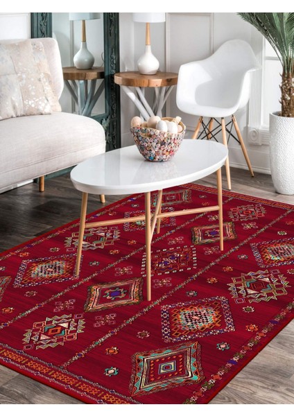 Vitage Kırmızı Etnik Desenli Eskitme Model Dokuma Taban Kilim