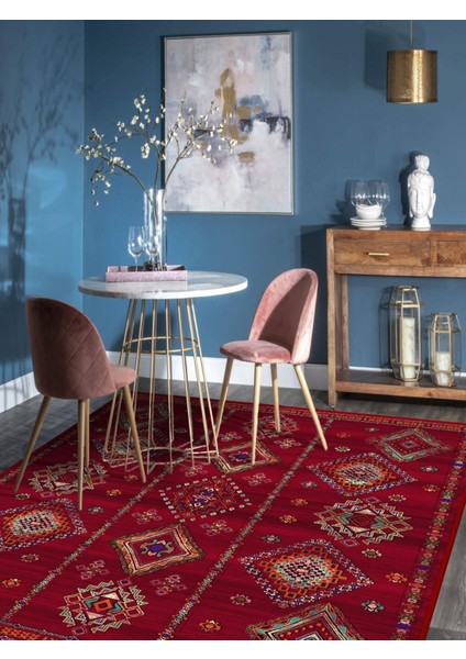 Vitage Kırmızı Etnik Desenli Eskitme Model Dokuma Taban Kilim modelleri