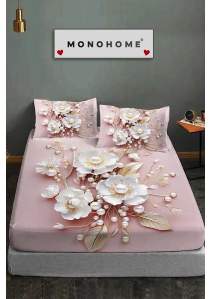 %100 Pamuk Lastikli Çarşaf Özel Tasarım 5d Dijital 60 Tel Pink Pearls