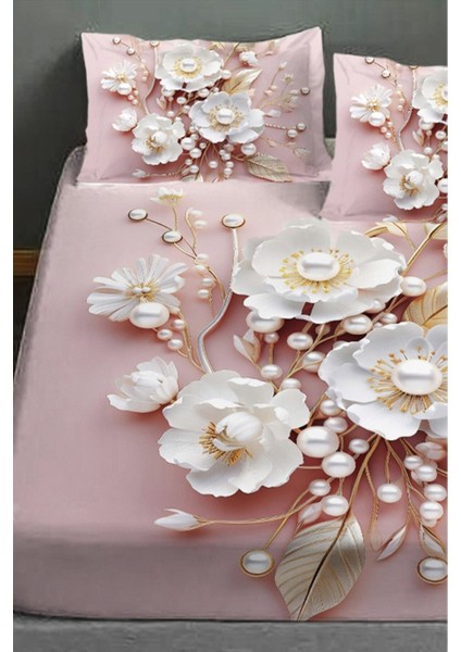 %100 Pamuk Lastikli Çarşaf Özel Tasarım 5d Dijital 60 Tel Pink Pearls modelleri