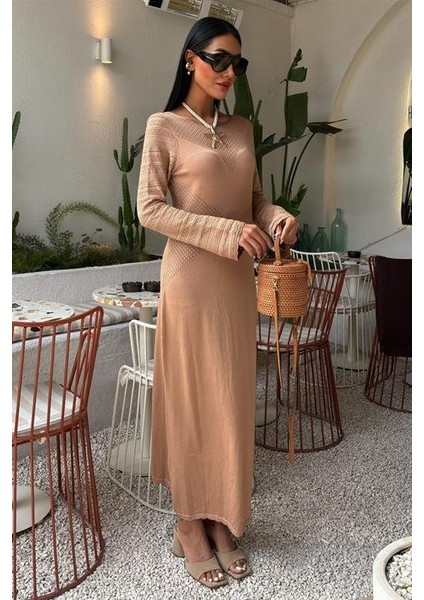 Ajur Detaylı Bisiklet Yaka Triko Elbise 2861 Std-Mocha