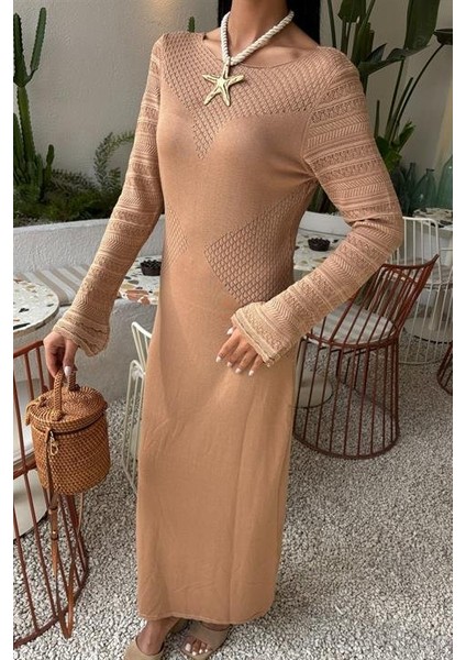 Ajur Detaylı Bisiklet Yaka Triko Elbise 2861 Std-Mocha modelleri