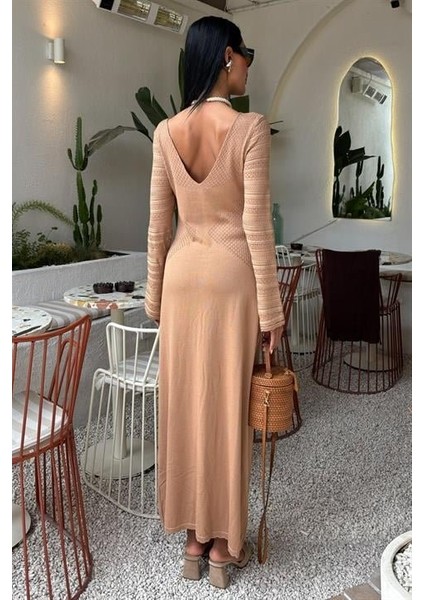 Ajur Detaylı Bisiklet Yaka Triko Elbise 2861 Std-Mocha fırsatları