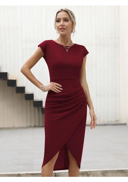 Kadın Yarım Ay Kollu Bisiklet Yaka Yandan Drapeli Ithal Krep Elbise 2xl-3xl-Bordo