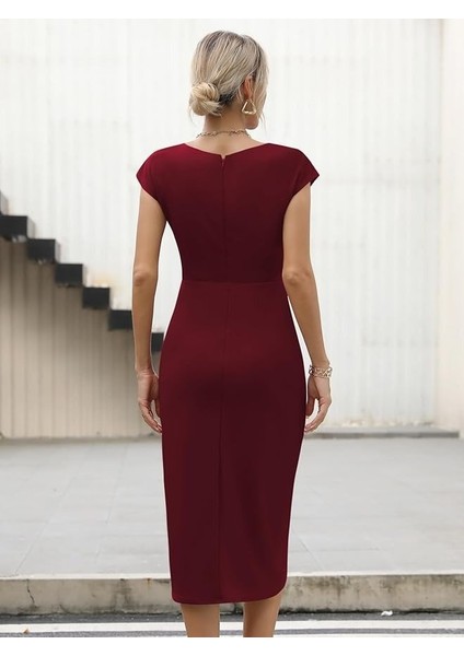 Kadın Yarım Ay Kollu Bisiklet Yaka Yandan Drapeli Ithal Krep Elbise 2xl-3xl-Bordo modelleri