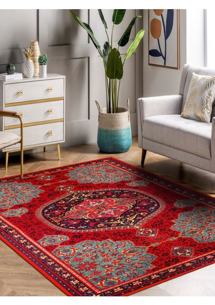 Kırmızı - Mavi Etnik Göbekli Eskitme Model Dokuma Taban Kilim