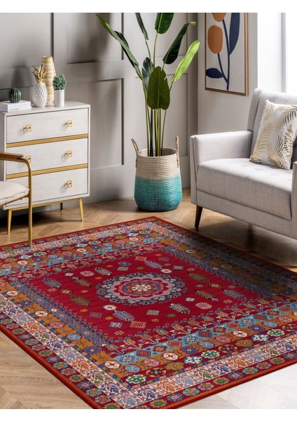 Kırmızı Etnik Göbekli Eskitme Model Dokuma Taban Kilim