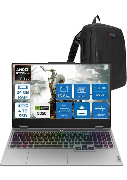Loq Amd Ryzen 7 250 24GB Ddr5 4tb SSD 8GB/RTX5050/100W 15.6" Fhd IPS 300NITS 100% Srgb 144Hz Windows 11 Pro Taşınabilir Bilgisayar 15AHP1050H08 + Zettaçanta