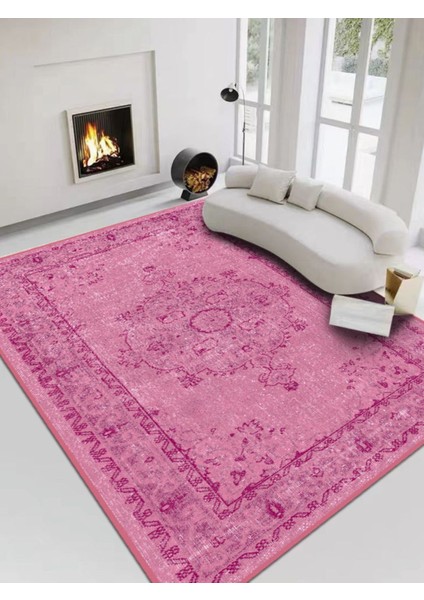 Vitage Pembe Etnik Desen Eskitme Model Dokuma Taban Kilim
