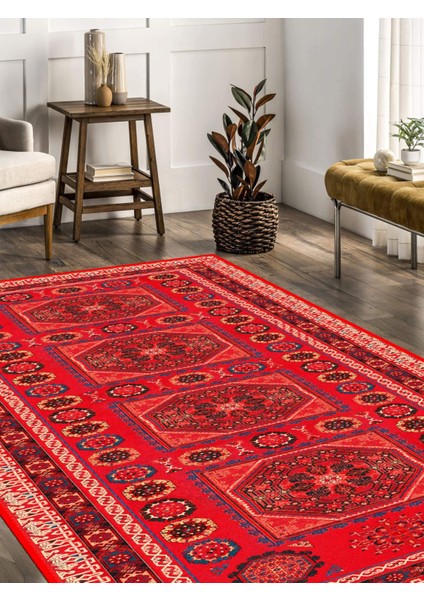 Vitage Etnik Kırmızı Desen Eskitme Model Dokuma Taban Kilim