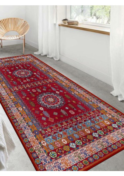 Kırmızı Etnik Göbekli Eskitme Model Dokuma Taban Kilim fırsatları