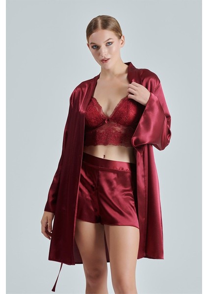 Kadın Bordo Saten Çeyiz Seti 6 Parça Dantelli Sabahlık Gecelik Pijama Şortlu Takım