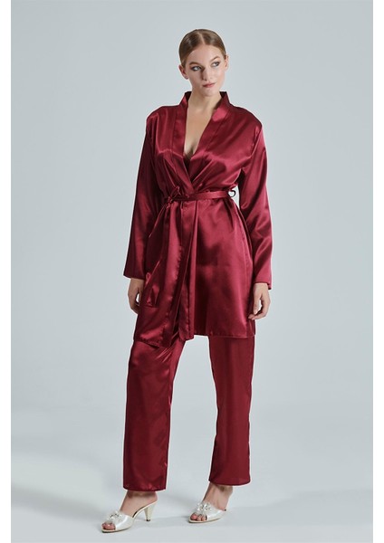 Kadın Bordo Saten Çeyiz Seti 6 Parça Dantelli Sabahlık Gecelik Pijama Şortlu Takım modelleri