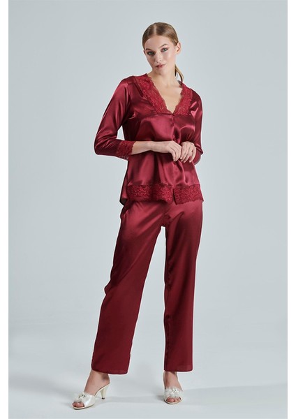 Kadın Bordo Saten Çeyiz Seti 6 Parça Dantelli Sabahlık Gecelik Pijama Şortlu Takım fırsatları