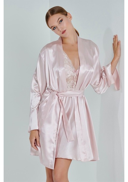 Kadın Pudra Saten Çeyiz Seti 6 Parça Dantelli Sabahlık Gecelik Pijama Şortlu Takım