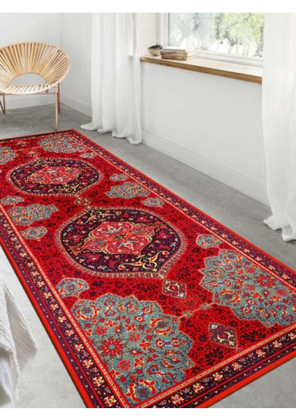 Kırmızı - Mavi Etnik Göbekli Eskitme Model Dokuma Taban Kilim fırsatları