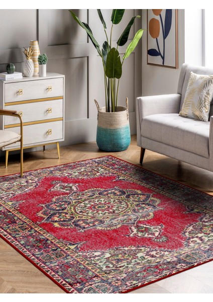 Vitage Kırmızı Göbekli Klasik Eskitme Model Dokuma Taban Kilim