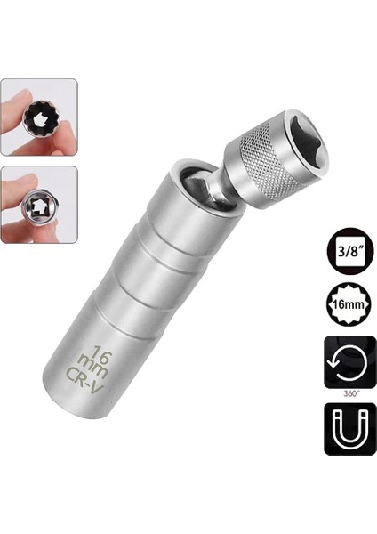6380 Mıknatıslı Oniki Köşe Mafsallı 3/8" Buji Lokması 16 mm