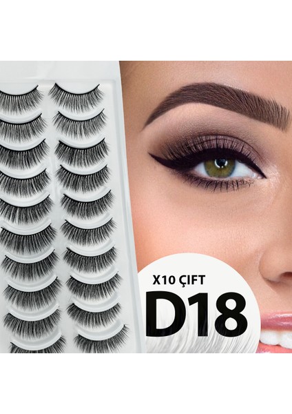 Doğal Görünümlü İpek Bütün 10'lu Takma Kirpik Seti- 10 Çift Gerçek Takma Kirpik- Model: D18