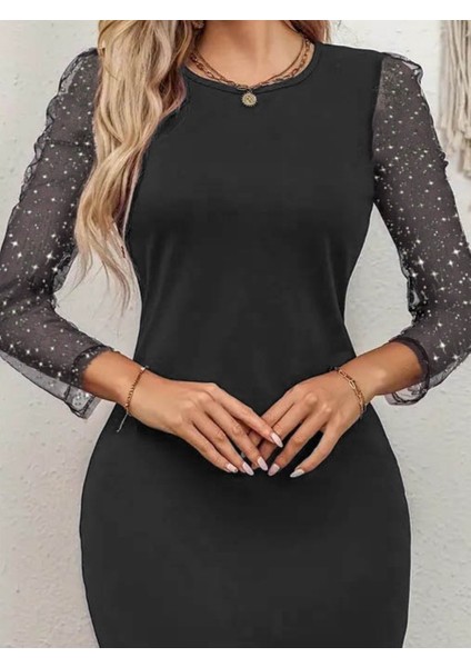 Kadın Bisiklet Yaka Kol Tül Detay Dalgıç Mini Boy Elbise 2xl-3xl-Siyah fiyatları
