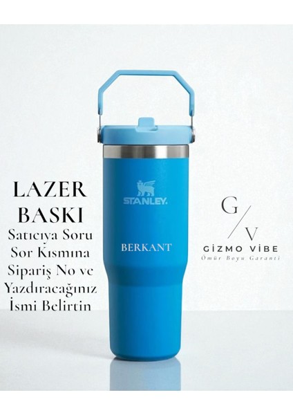 Kişiselleştirilmiş The Iceflow Flip Straw Pipetli Termos Bardak 0,89 Lt Mavi Özel Isimli