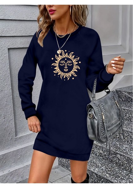 Kadın Uzun Kollu Bisiklet Yaka Güneş Desenli Viskon Iki Iplik Elbise 2xl-3xl-Lacivert
