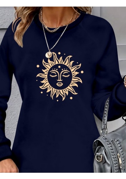 Kadın Uzun Kollu Bisiklet Yaka Güneş Desenli Viskon Iki Iplik Elbise 2xl-3xl-Lacivert fiyatları