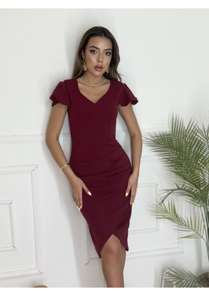 Qkadın Kısa Kollu Kalp Yaka Yanlardan Büzgü Detay Midi Janjan Krep Elbise - L-Xl - Bordo