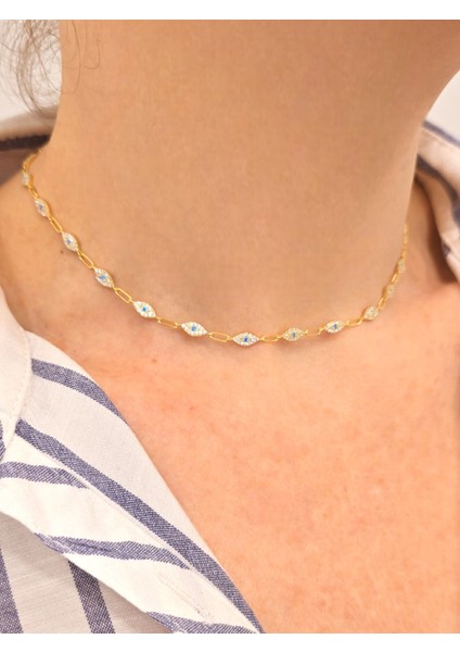 925 Ayar Gümüş Renkli Taşlı Göz Choker Kadın Gümüş Kolye