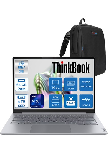 Thinkbook 14 G8 Ial Intel Core Ultra 7 255H 64GB Ddr5 4tb SSD Intel Arc 140T 14" Wuxga IPS 300NITS Windows 11 Pro Taşınabilir Bilgisayar 21SJ007BTXH24 + Zettaçanta