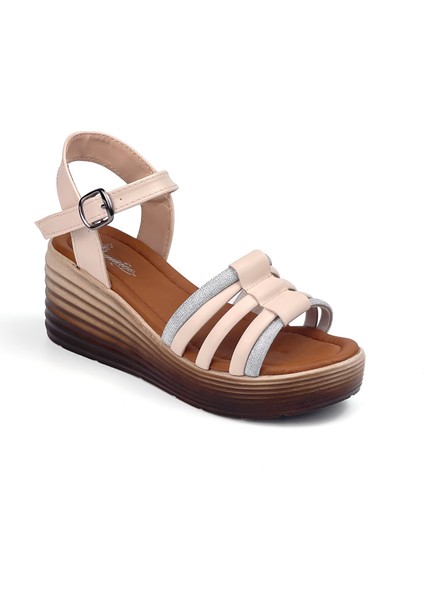 Kadın Krem Taşlı Dolgu Topuklu Sandalet 6 cm Rahat Yüksek Topuklu