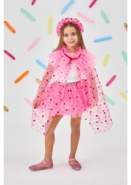 Pembe Flok Kalp Baskılı Kız Çocuk Pelerin Asa ve Taç Set