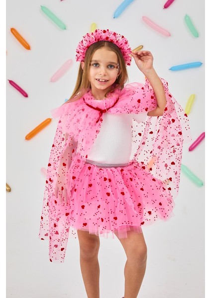 Pembe Flok Kalp Baskılı Kız Çocuk Pelerin Asa ve Taç Set fiyatları