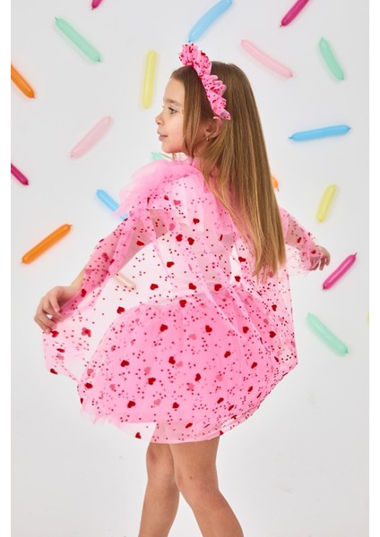 Pembe Flok Kalp Baskılı Kız Çocuk Pelerin Asa ve Taç Set modelleri