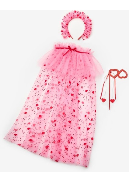 Pembe Flok Kalp Baskılı Kız Çocuk Pelerin Asa ve Taç Set fırsatları