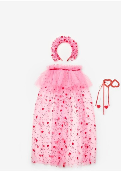 Pembe Flok Kalp Baskılı Kız Çocuk Pelerin Asa ve Taç Set indirimleri