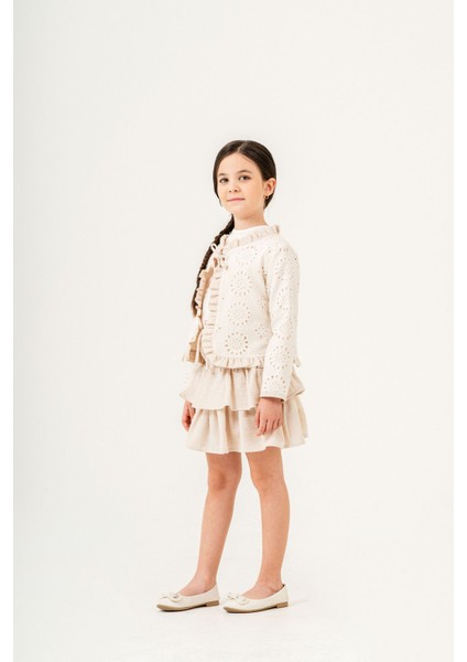 Kız Çocuk 3’lü Takım, Süprem Tişört, Keten Etek ve Brode Çift Taraflı Ceket fiyatları