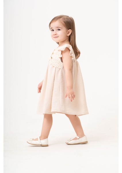 Kroşe Dantel Detaylı Astarlı Kız Çocuk Keten Elbise
