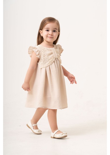 Kroşe Dantel Detaylı Astarlı Kız Çocuk Keten Elbise modelleri