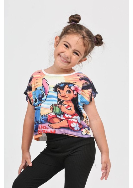 Düşük Kol Lilo Stitch Dijital Baskı Tshirt - 6632