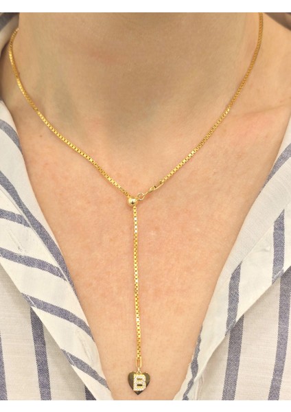 925 Ayar Gümüş Kalpli Taşlı Harfli Asansör Zincir Kolye