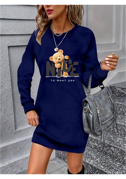 Kadın Uzun Kollu Bisiklet Yaka Ayı Desenli Viskon Iki Iplik Elbise 2xl-3xl-Lacivert
